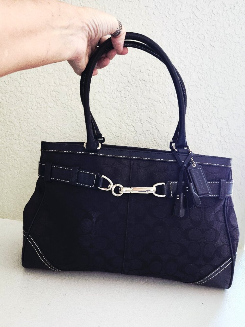 New Coach Hampton Y2k Signature C's Black Leather Satchel Tote Handbag Purse